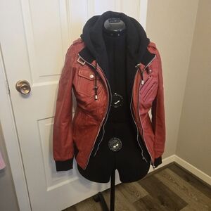 Red Women's Real Ginuine Leather Zip Jacket with Hood